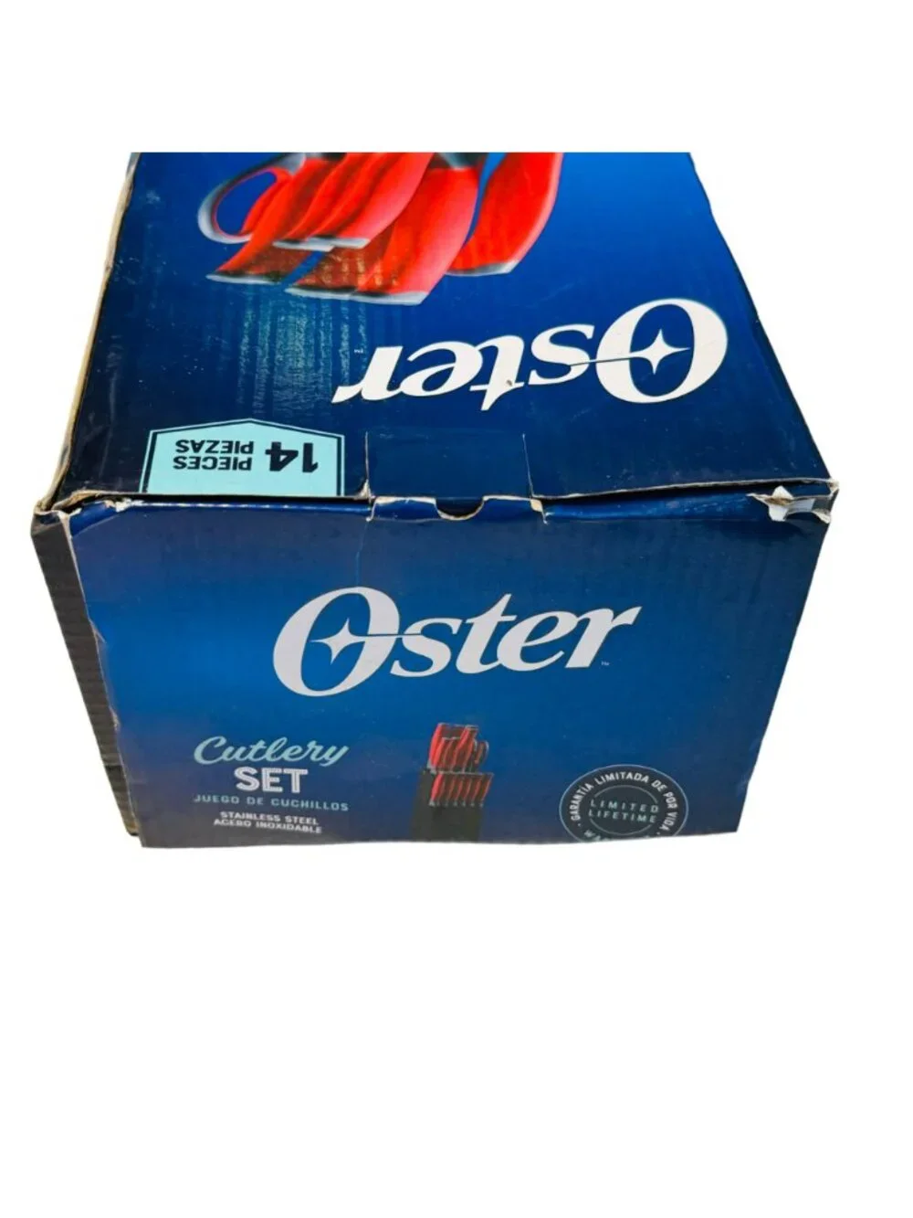 Oster 14-Piece Stainless Steel Cutlery Set With Red Handles & Wood Block